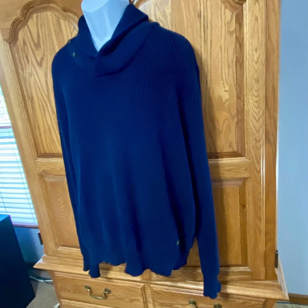 Polo Ralph Lauren Shawl Collar Sweater Mens L Blue Ribbed Knit Button Pullover